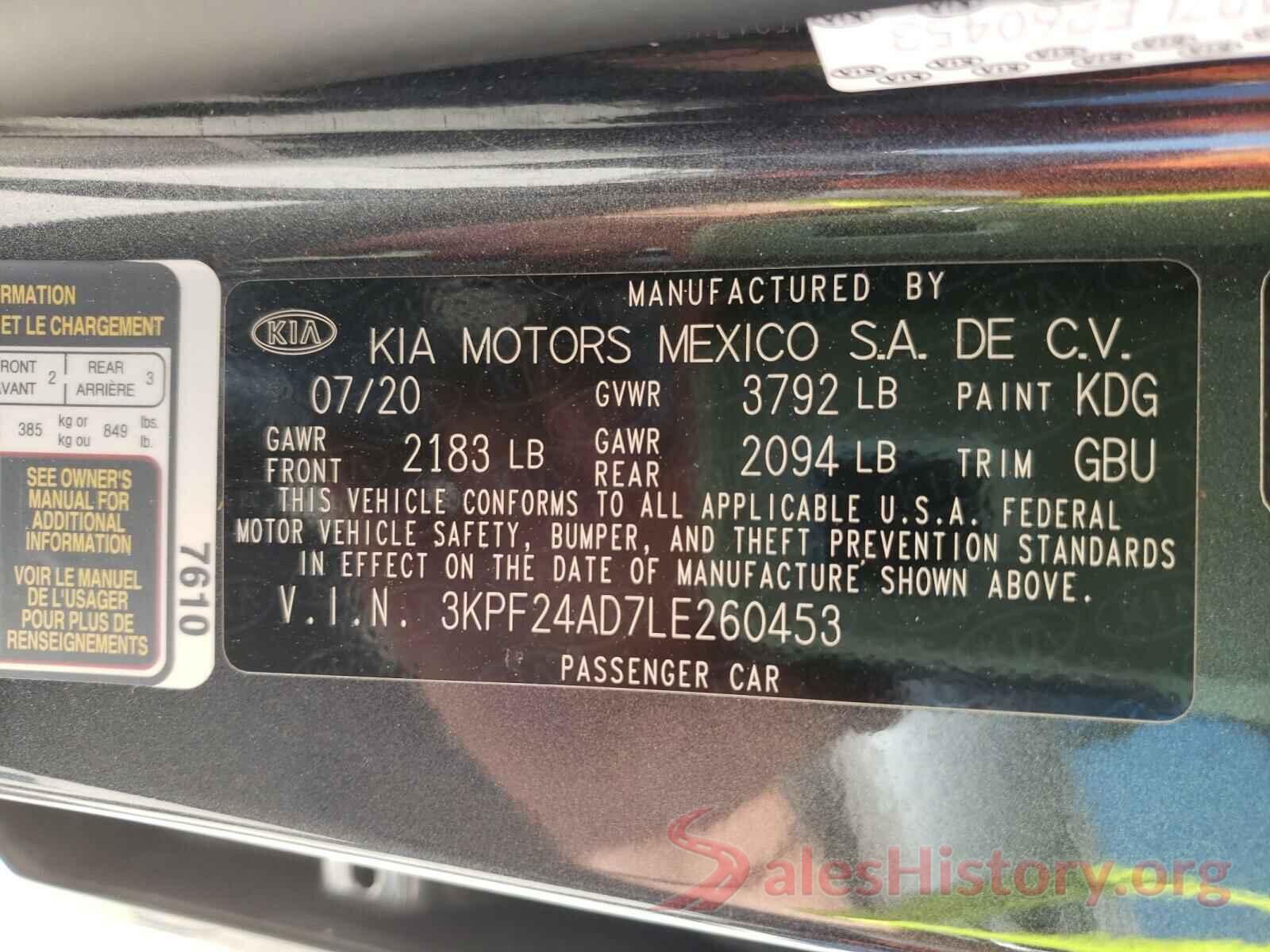 3KPF24AD7LE260453 2020 KIA FORTE