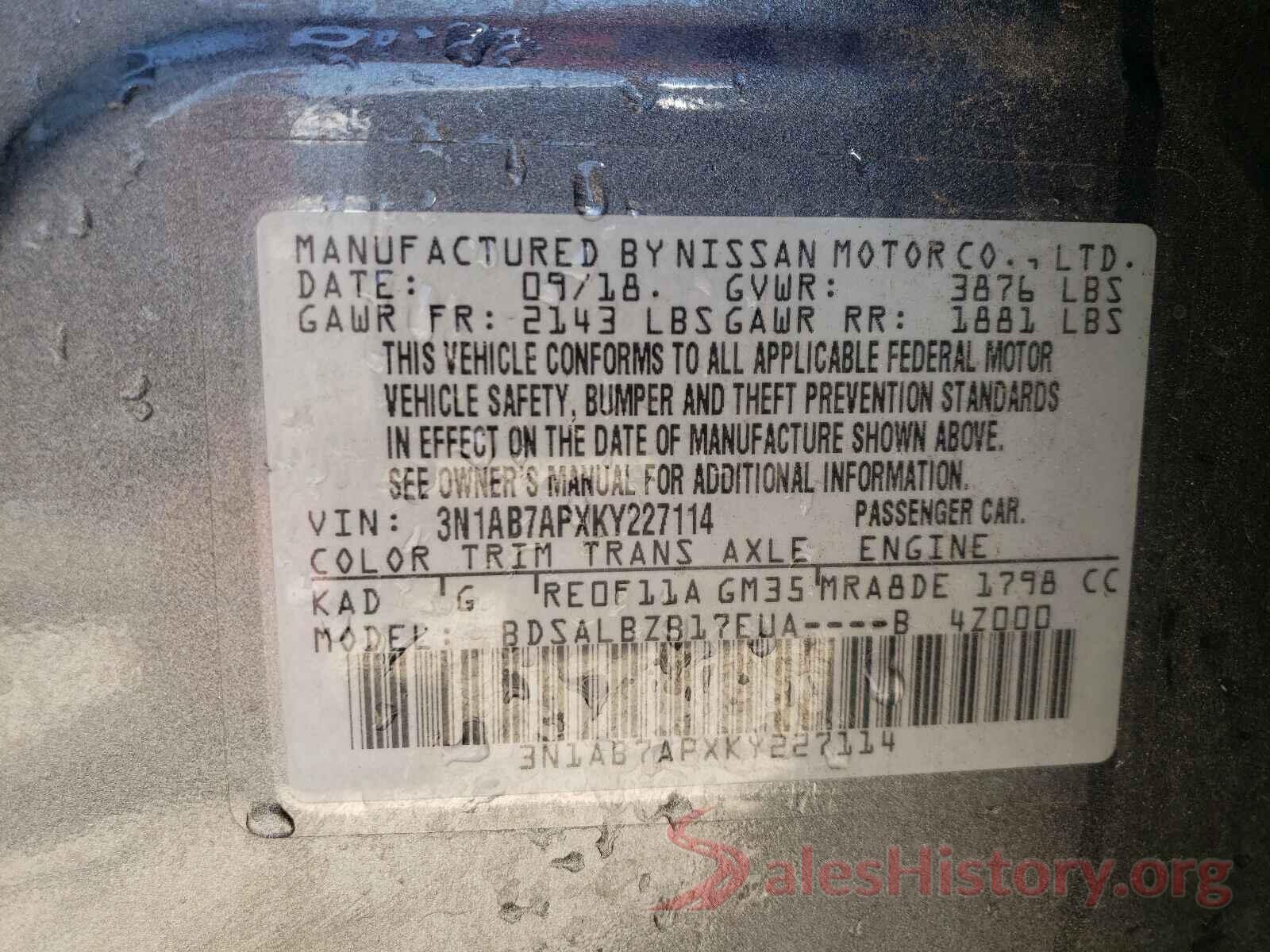 3N1AB7APXKY227114 2019 NISSAN SENTRA