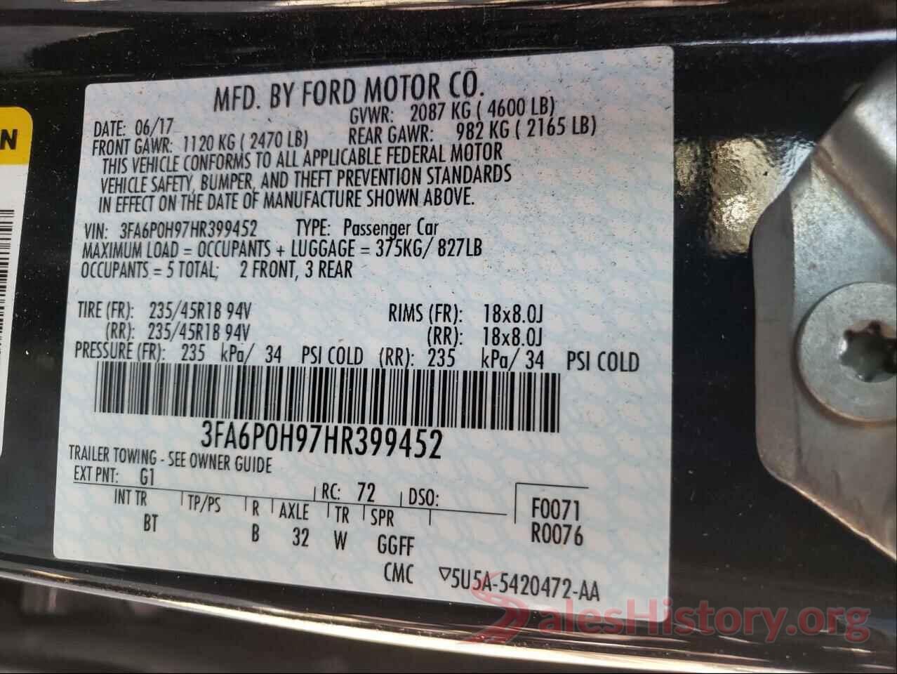 3FA6P0H97HR399452 2017 FORD FUSION