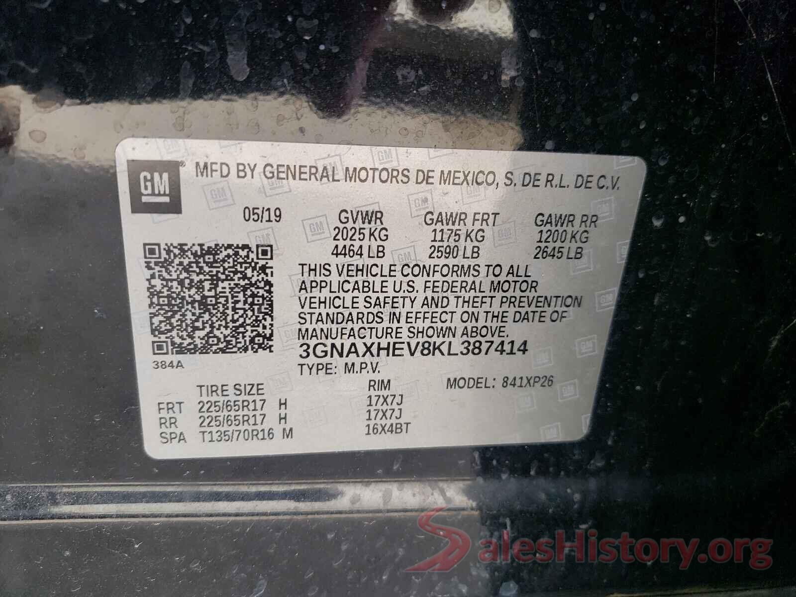 3GNAXHEV8KL387414 2019 CHEVROLET EQUINOX