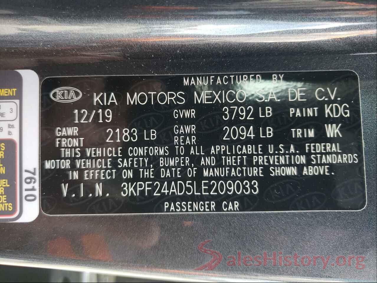 3KPF24AD5LE209033 2020 KIA FORTE