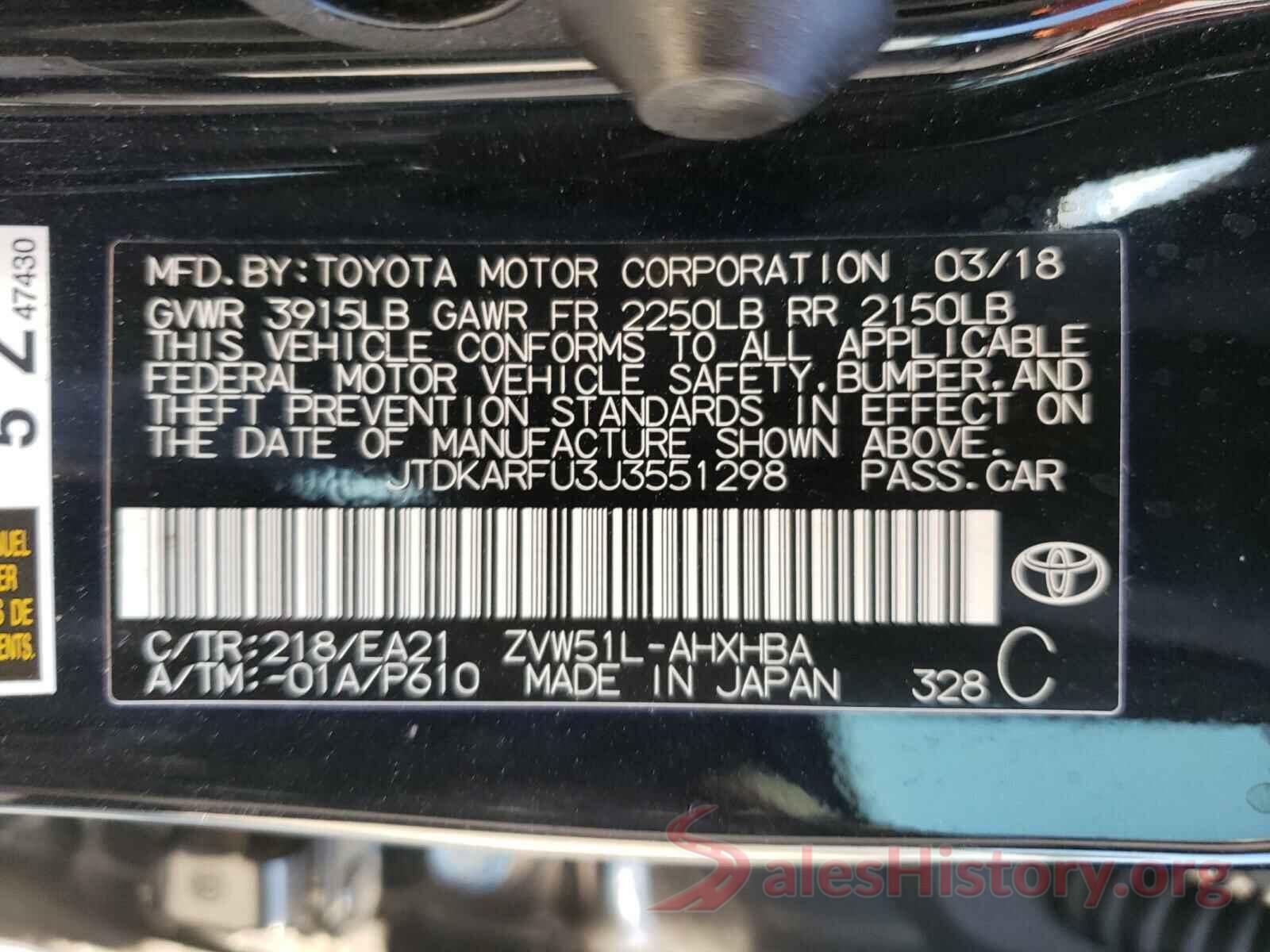 JTDKARFU3J3551298 2018 TOYOTA PRIUS