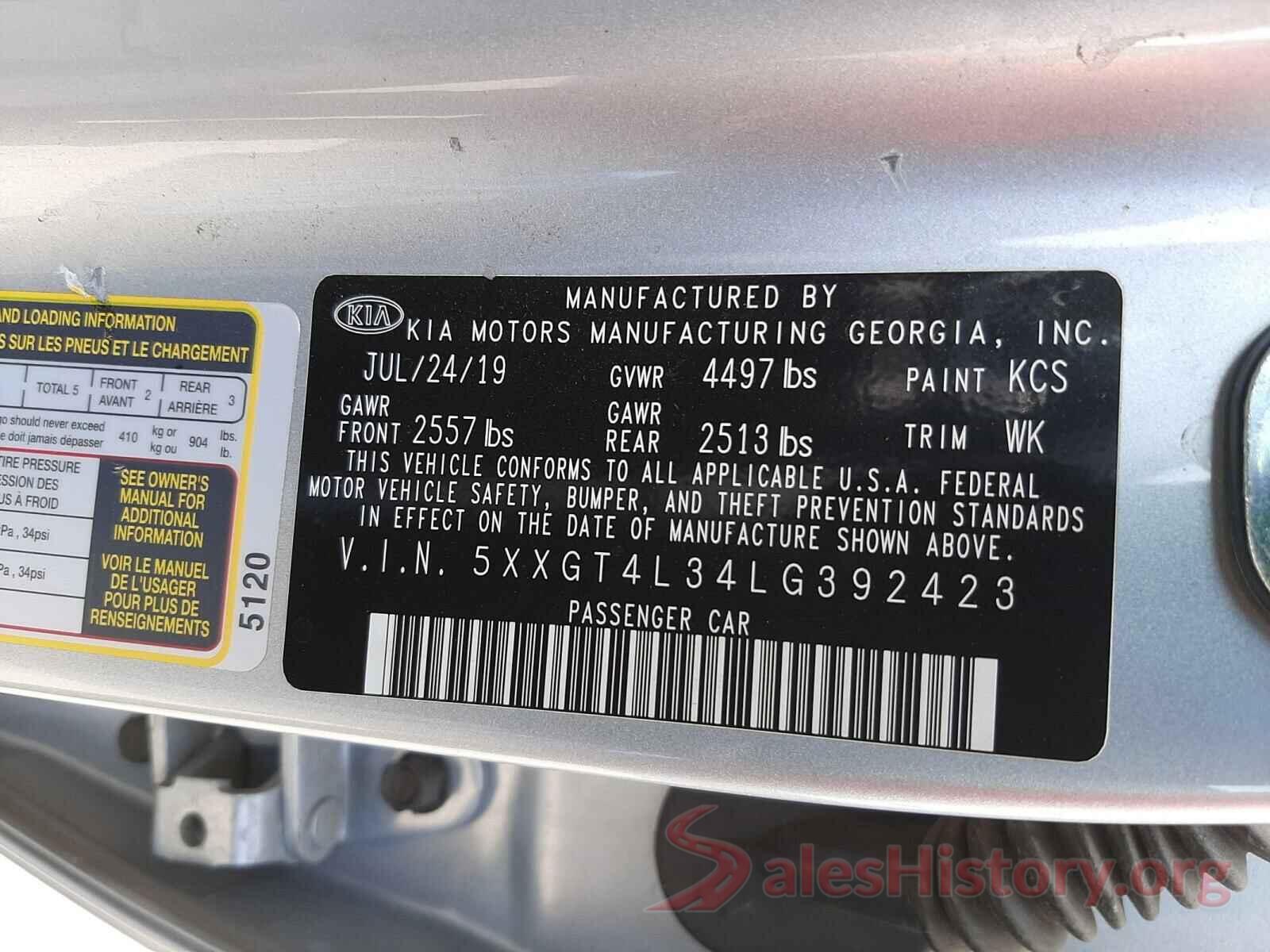 5XXGT4L34LG392423 2020 KIA OPTIMA