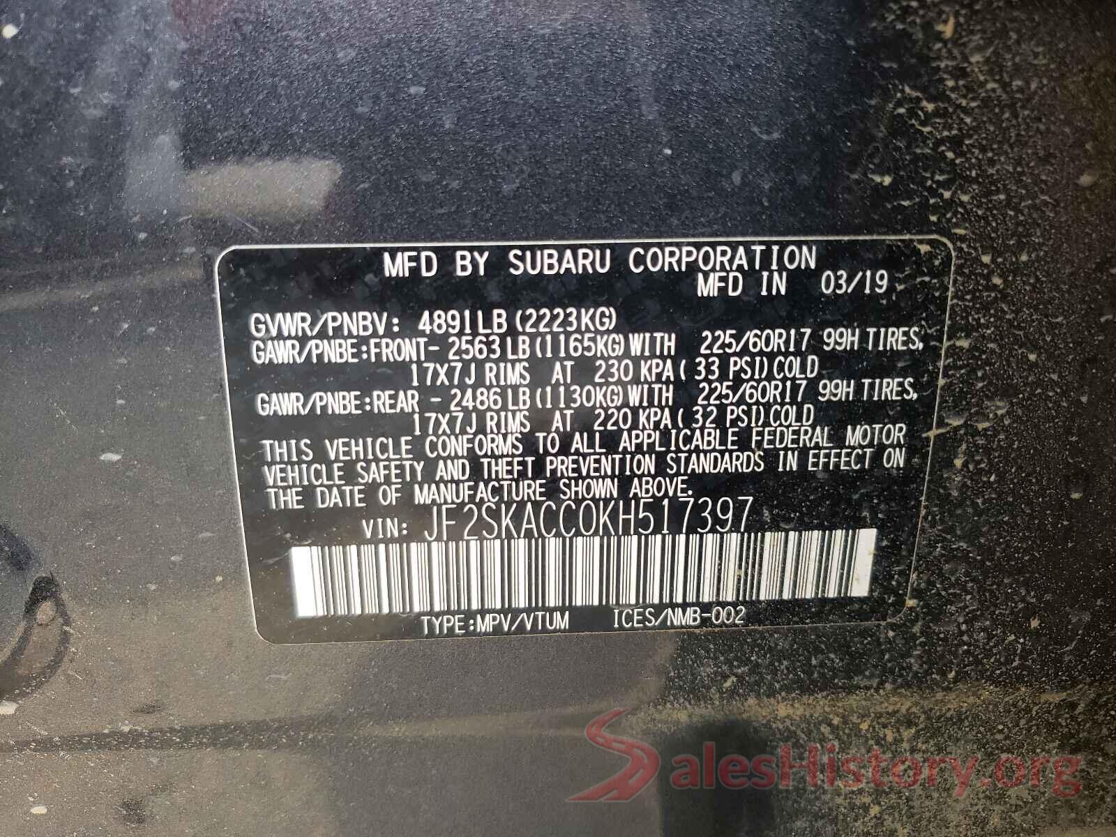 JF2SKACC0KH517397 2019 SUBARU FORESTER