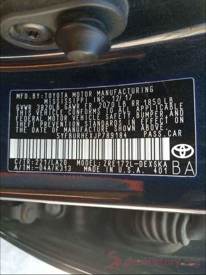 5YFBURHEXJP789184 2018 TOYOTA COROLLA