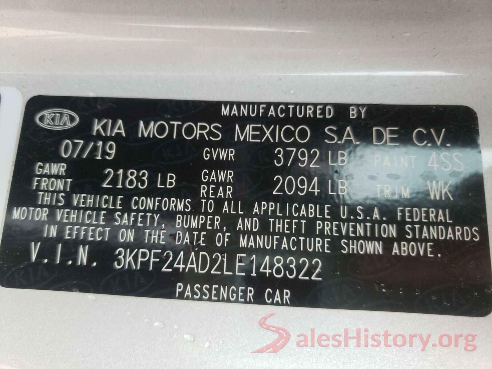 3KPF24AD2LE148322 2020 KIA FORTE