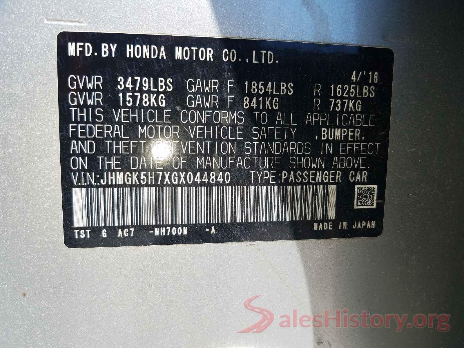 JHMGK5H7XGX044840 2016 HONDA FIT