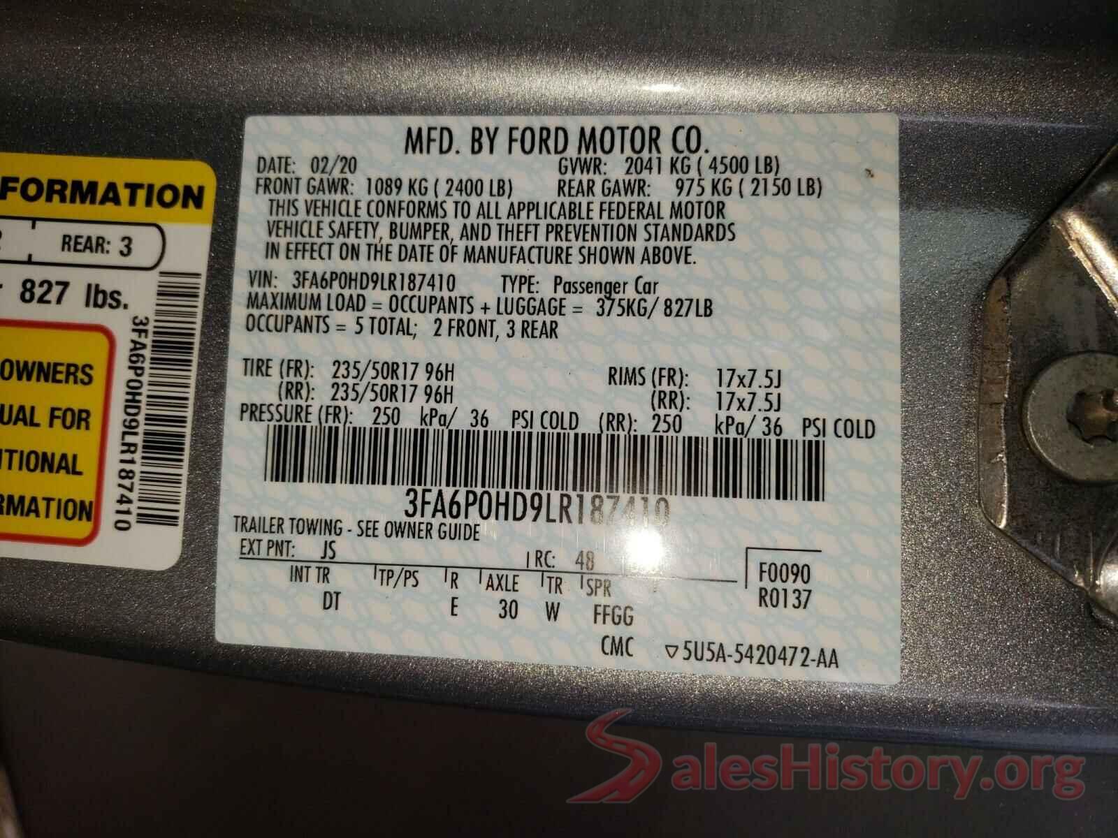 3FA6P0HD9LR187410 2020 FORD FUSION