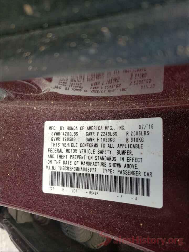 1HGCR2F38HA008077 2017 HONDA ACCORD