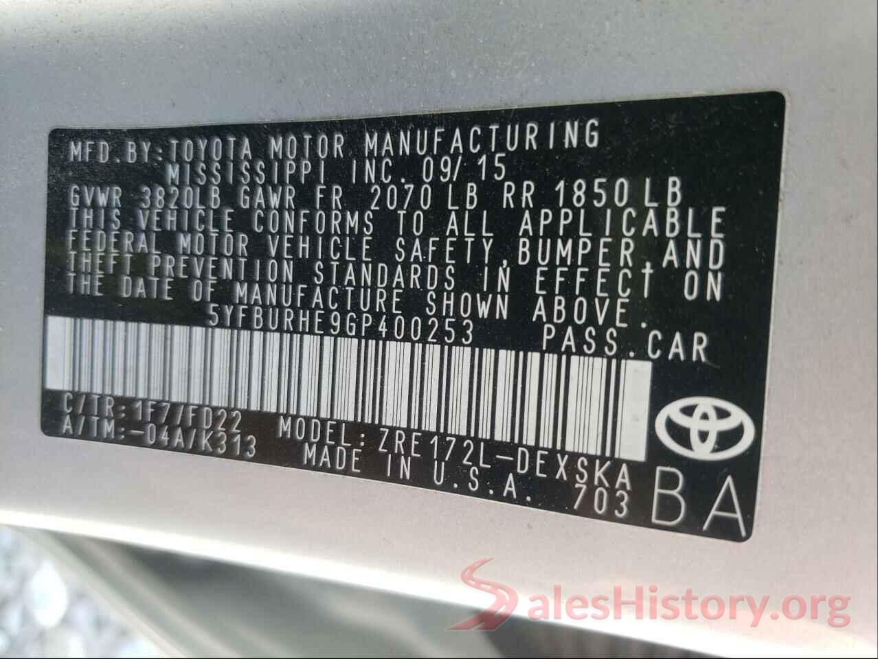 5YFBURHE9GP400253 2016 TOYOTA COROLLA