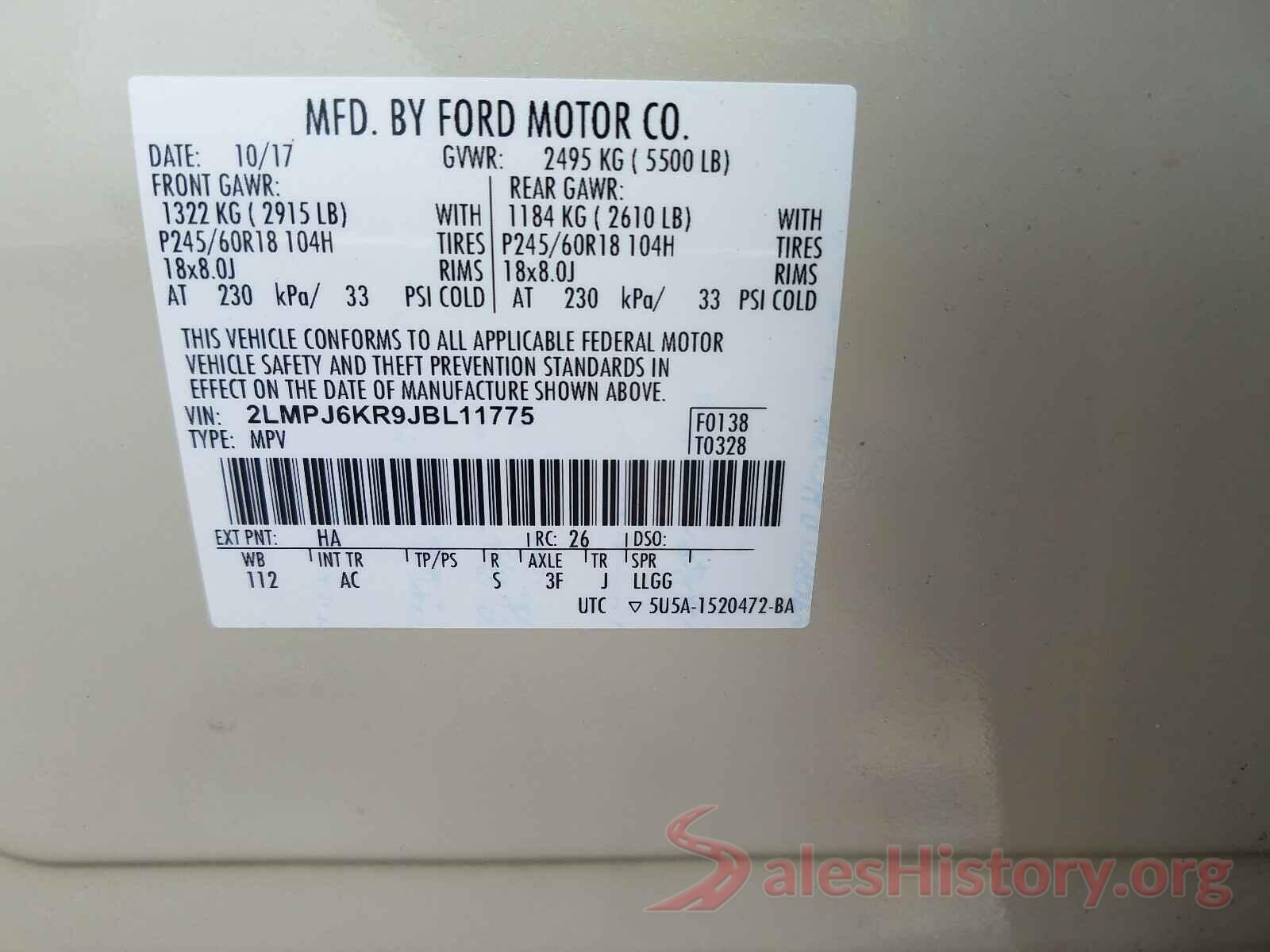 2LMPJ6KR9JBL11775 2018 LINCOLN MKX