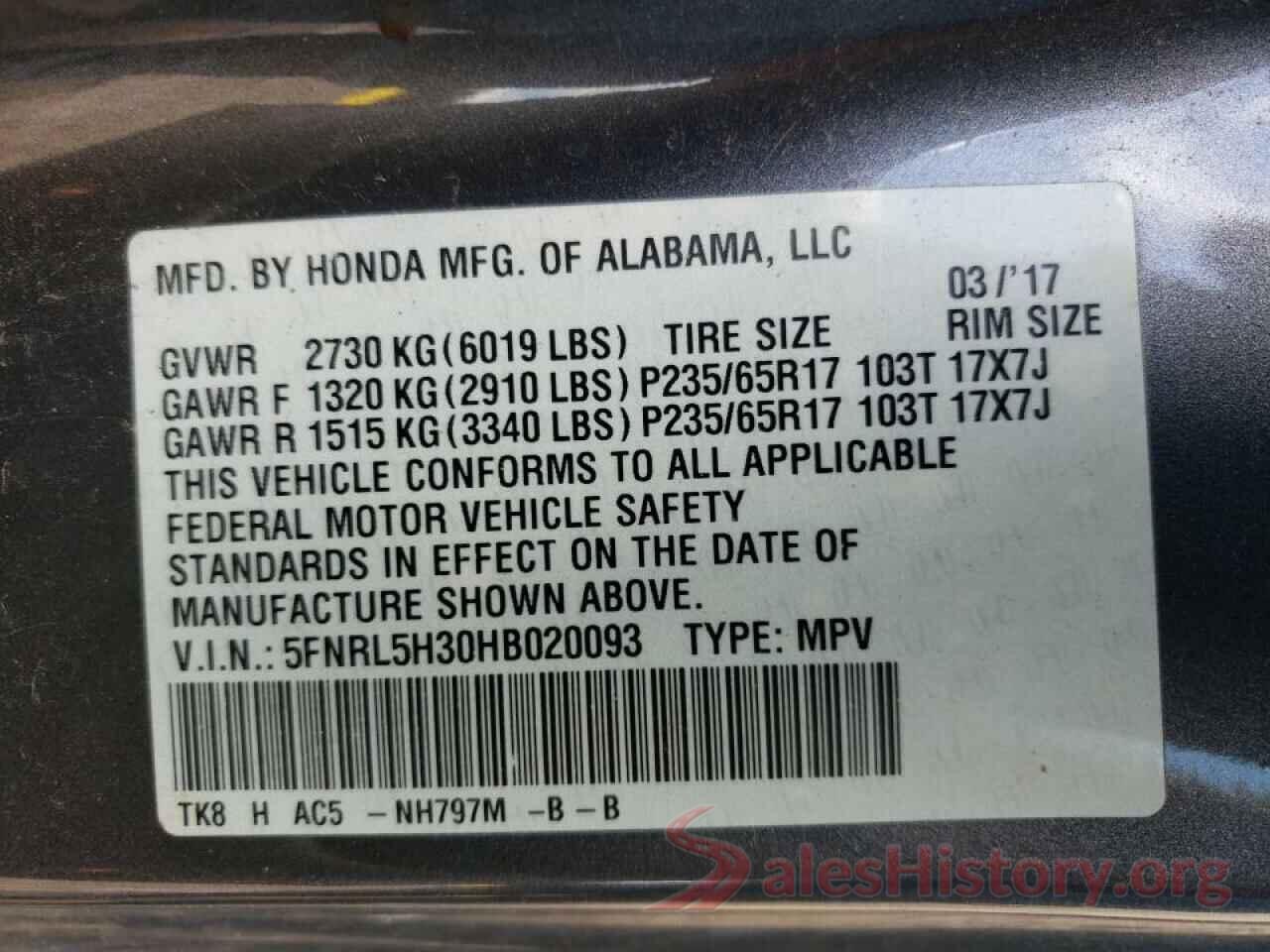 5FNRL5H30HB020093 2017 HONDA ODYSSEY