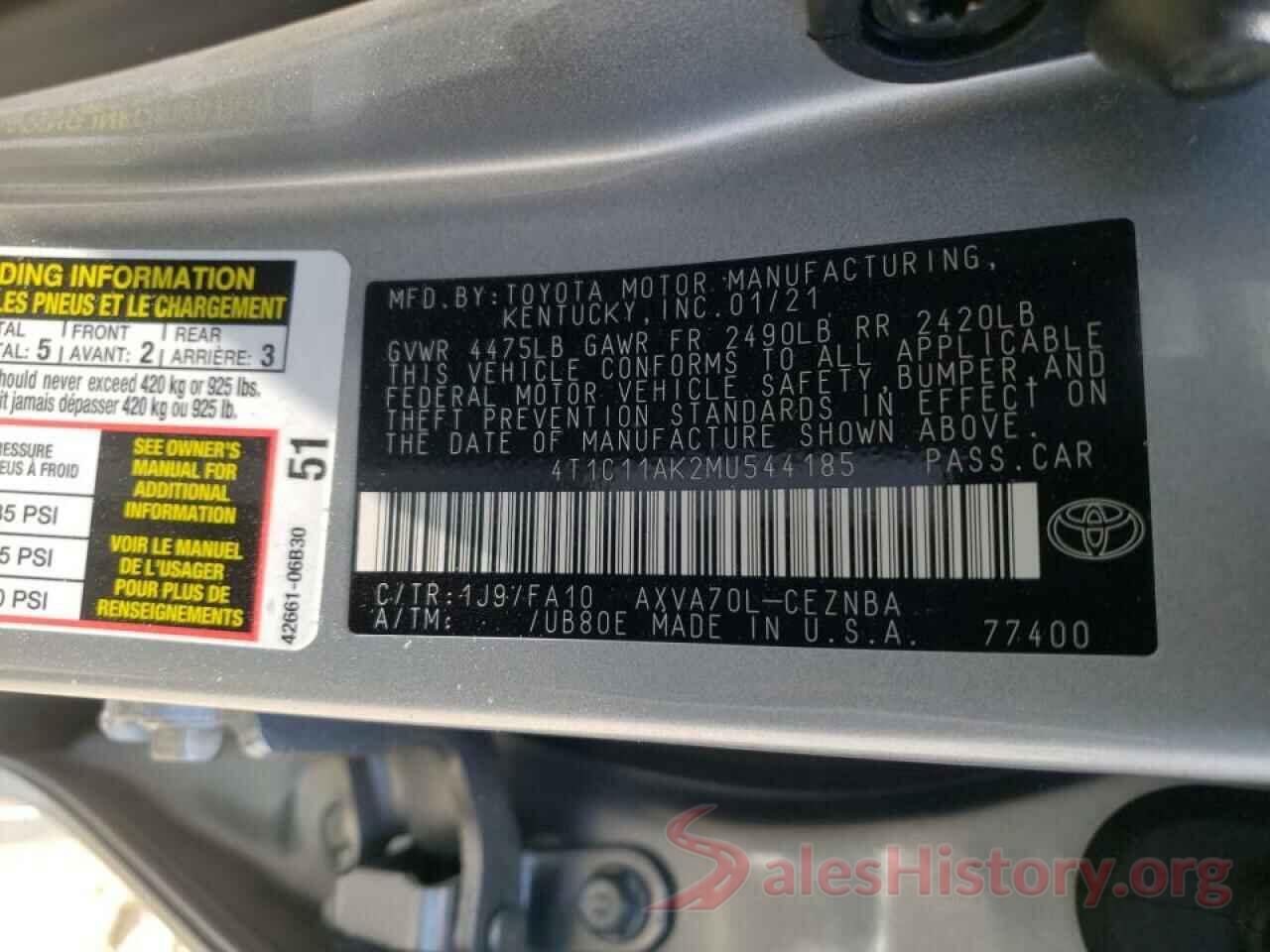 4T1C11AK2MU544185 2021 TOYOTA CAMRY