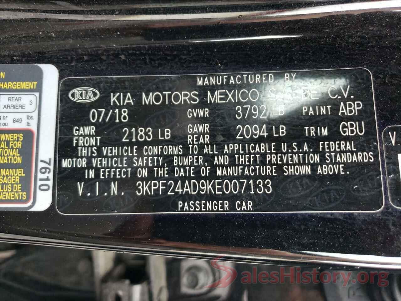 3KPF24AD9KE007133 2019 KIA FORTE