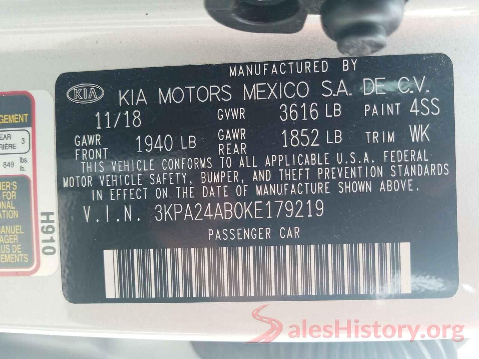 3KPA24AB0KE179219 2019 KIA RIO