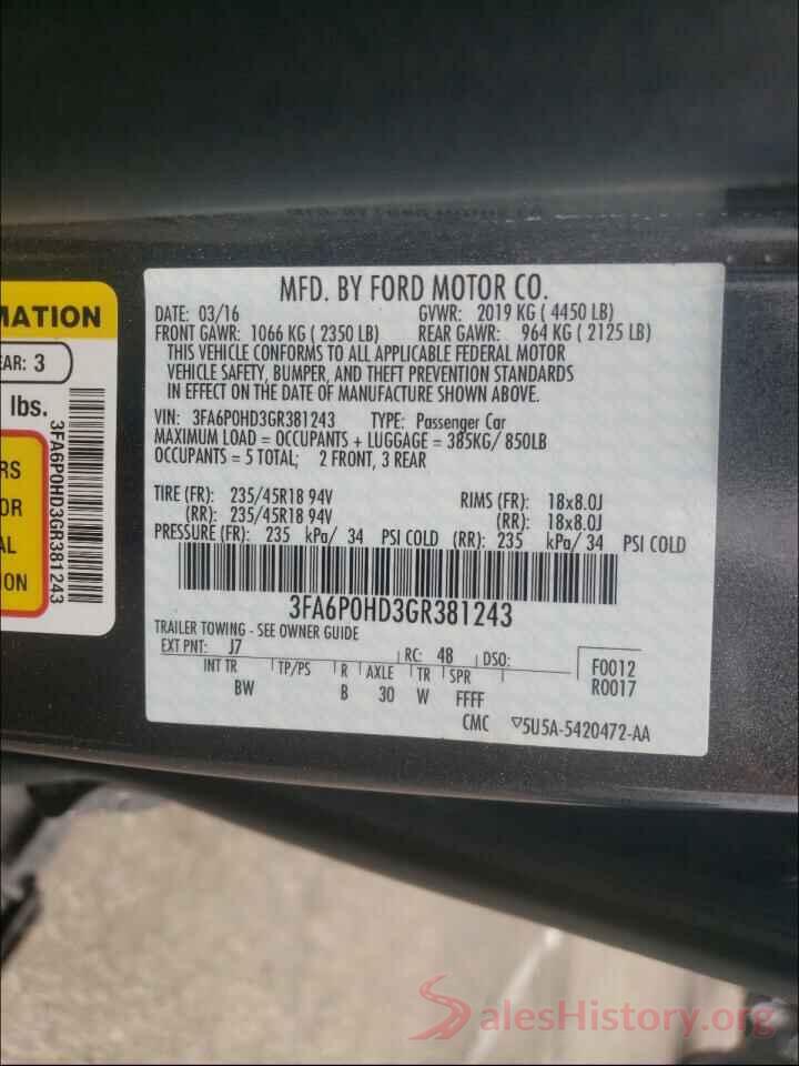 3FA6P0HD3GR381243 2016 FORD FUSION