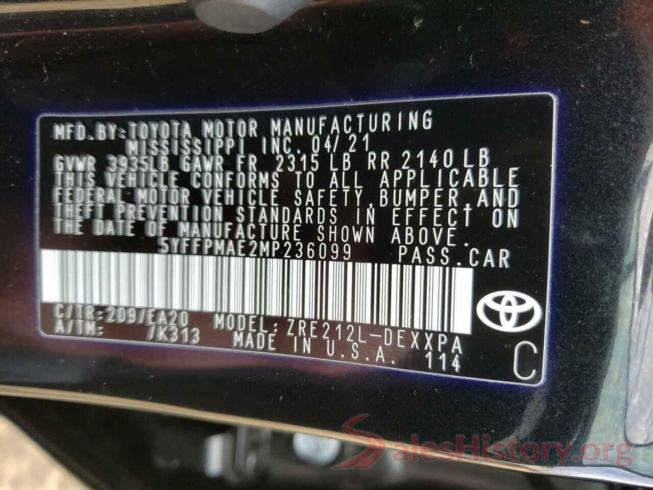 5YFFPMAE2MP236099 2021 TOYOTA COROLLA