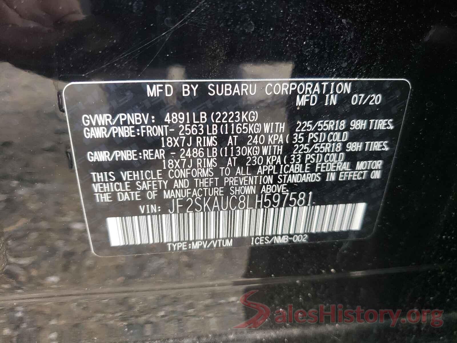 JF2SKAUC8LH597581 2020 SUBARU FORESTER