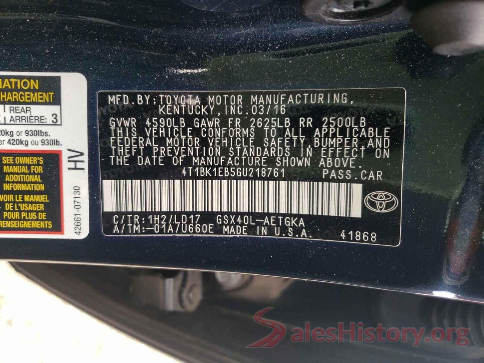 4T1BK1EB5GU218761 2016 TOYOTA AVALON