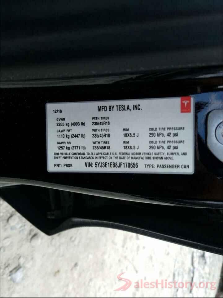 5YJ3E1EB8JF170656 2018 TESLA MODEL 3