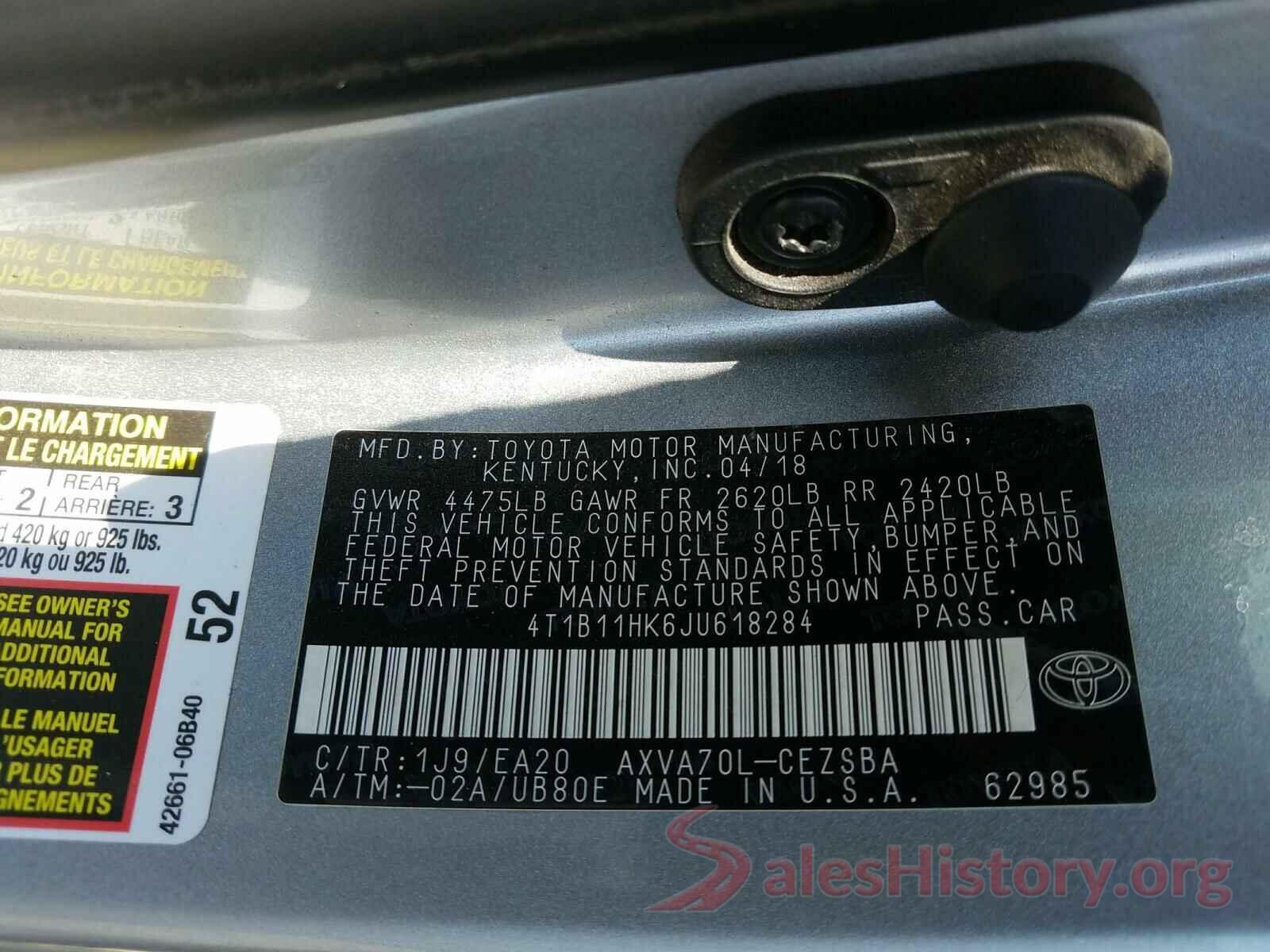 4T1B11HK6JU618284 2018 TOYOTA CAMRY