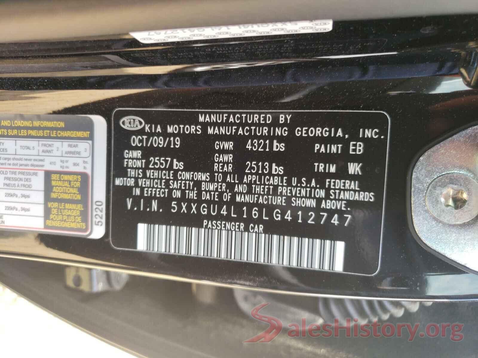 5XXGU4L16LG412747 2020 KIA OPTIMA