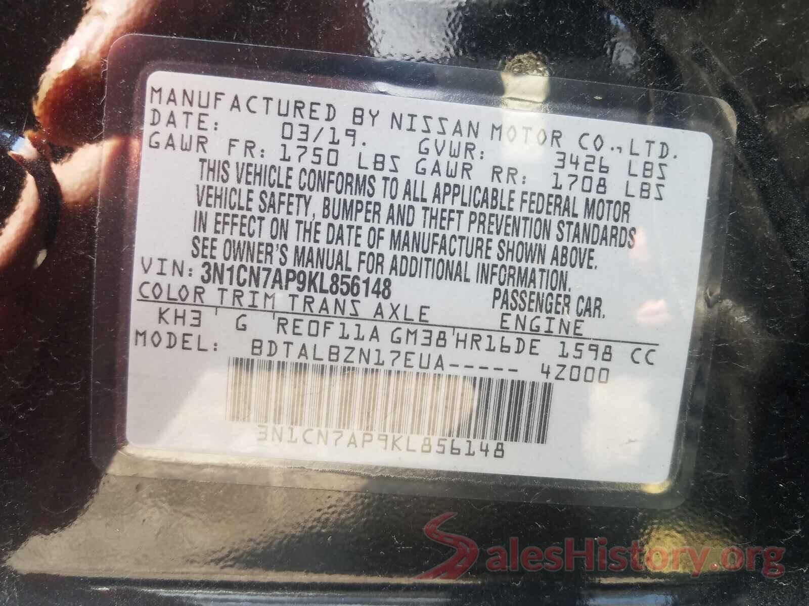 3N1CN7AP9KL856148 2019 NISSAN VERSA