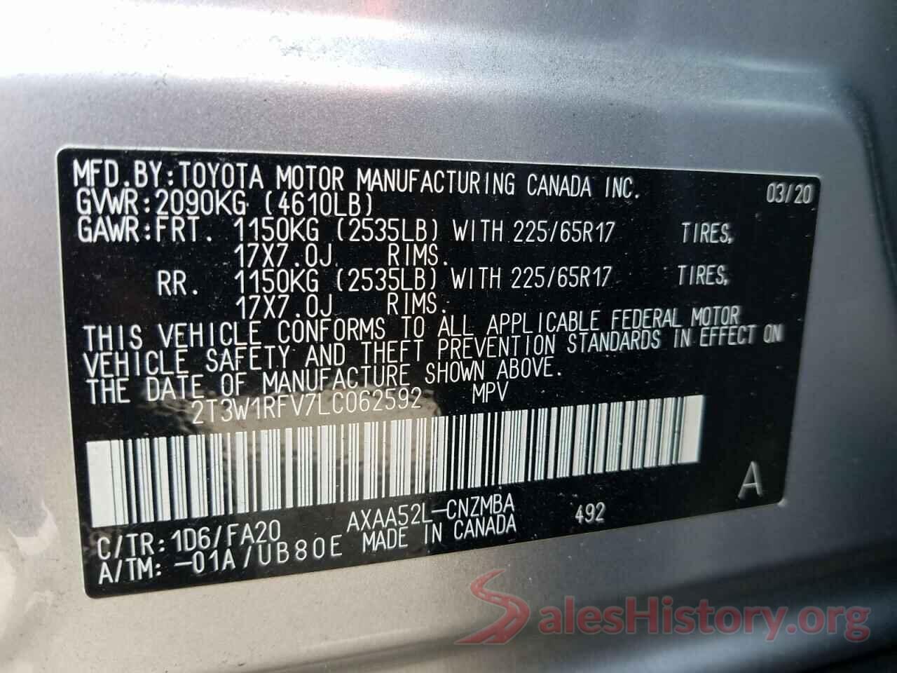 2T3W1RFV7LC062592 2020 TOYOTA RAV4