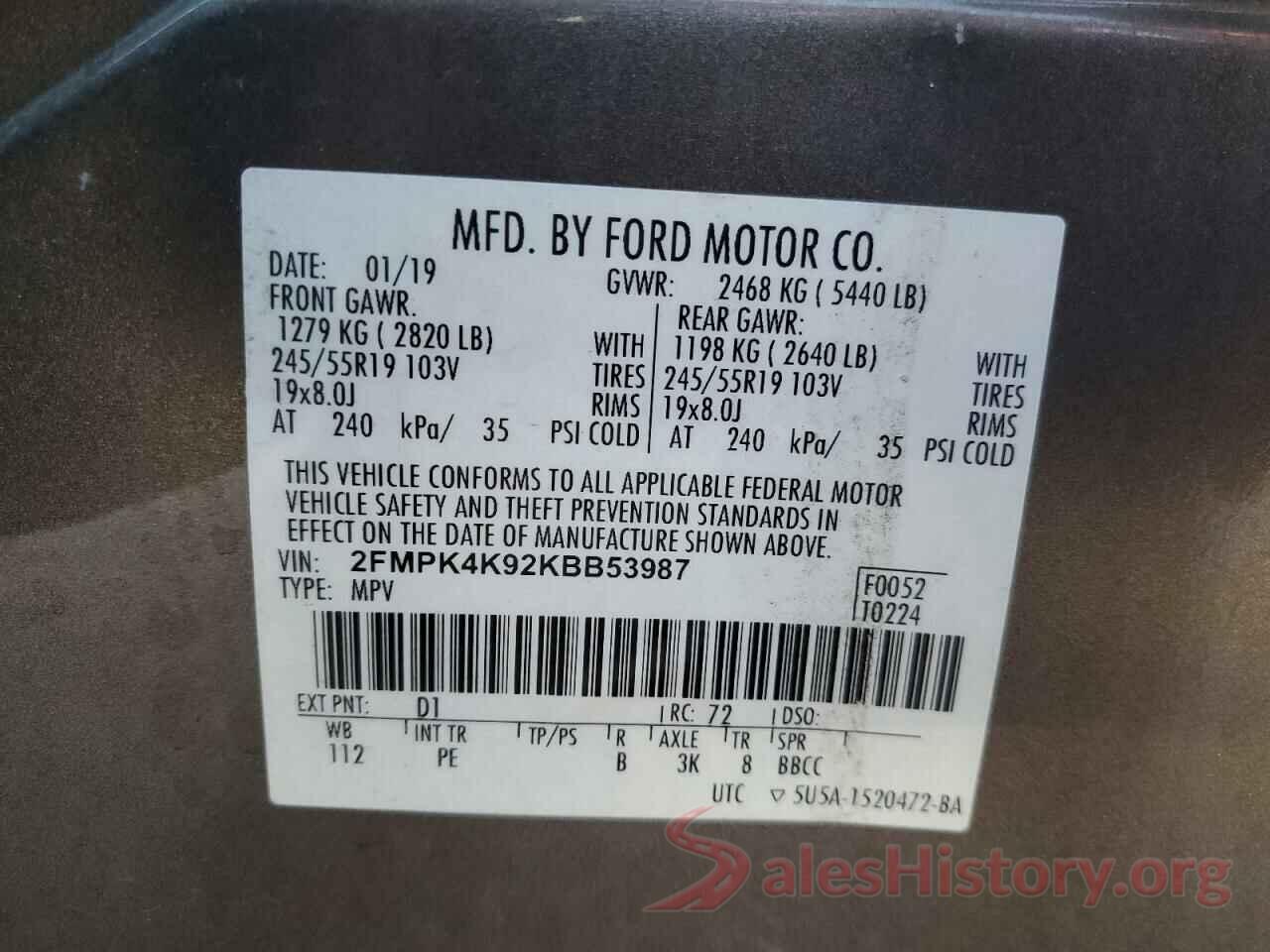 2FMPK4K92KBB53987 2019 FORD EDGE