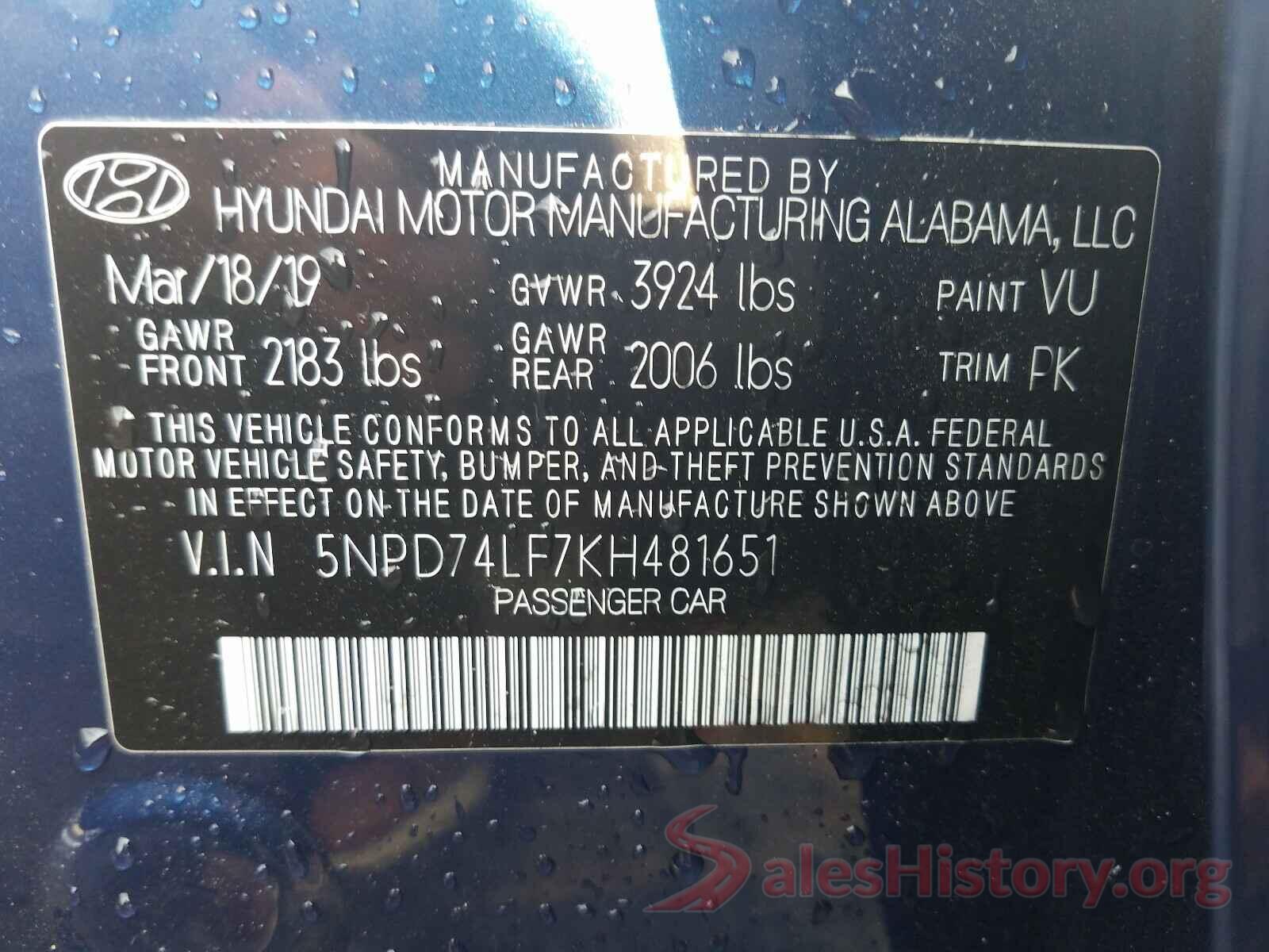 5NPD74LF7KH481651 2019 HYUNDAI ELANTRA