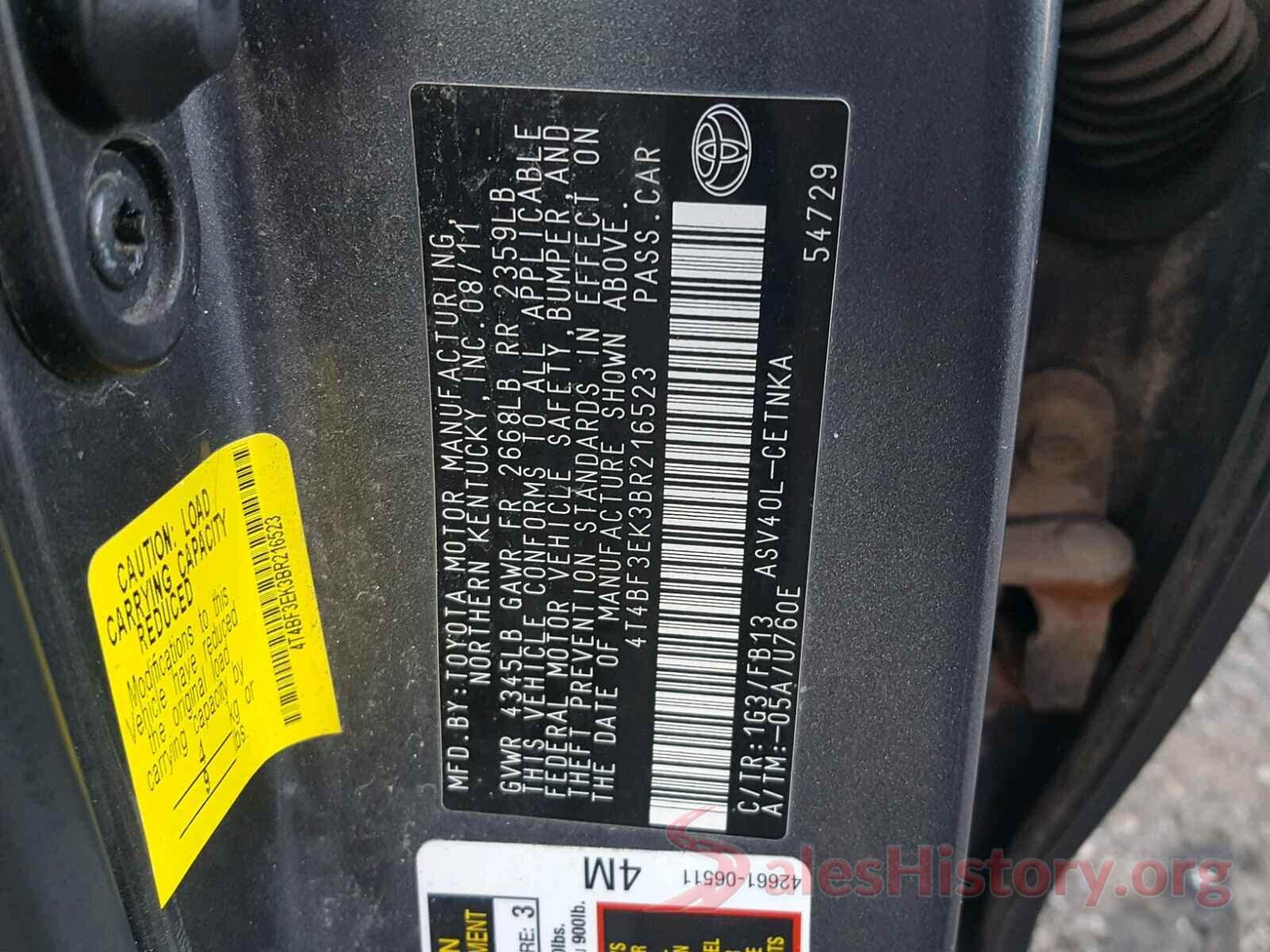 4T4BF3EK3BR216523 2011 TOYOTA CAMRY BASE