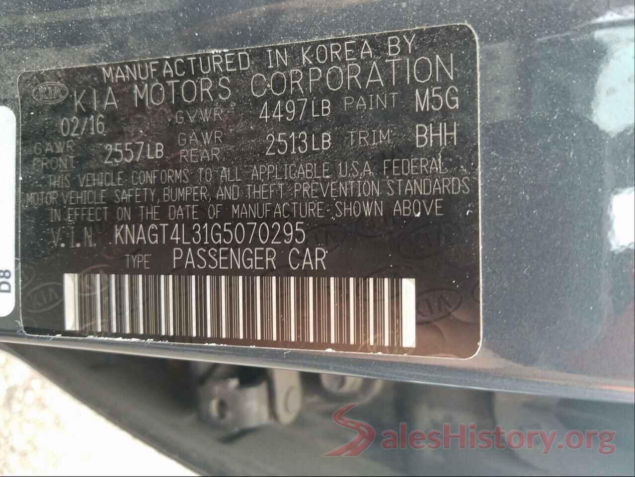 KNAGT4L31G5070295 2016 KIA OPTIMA