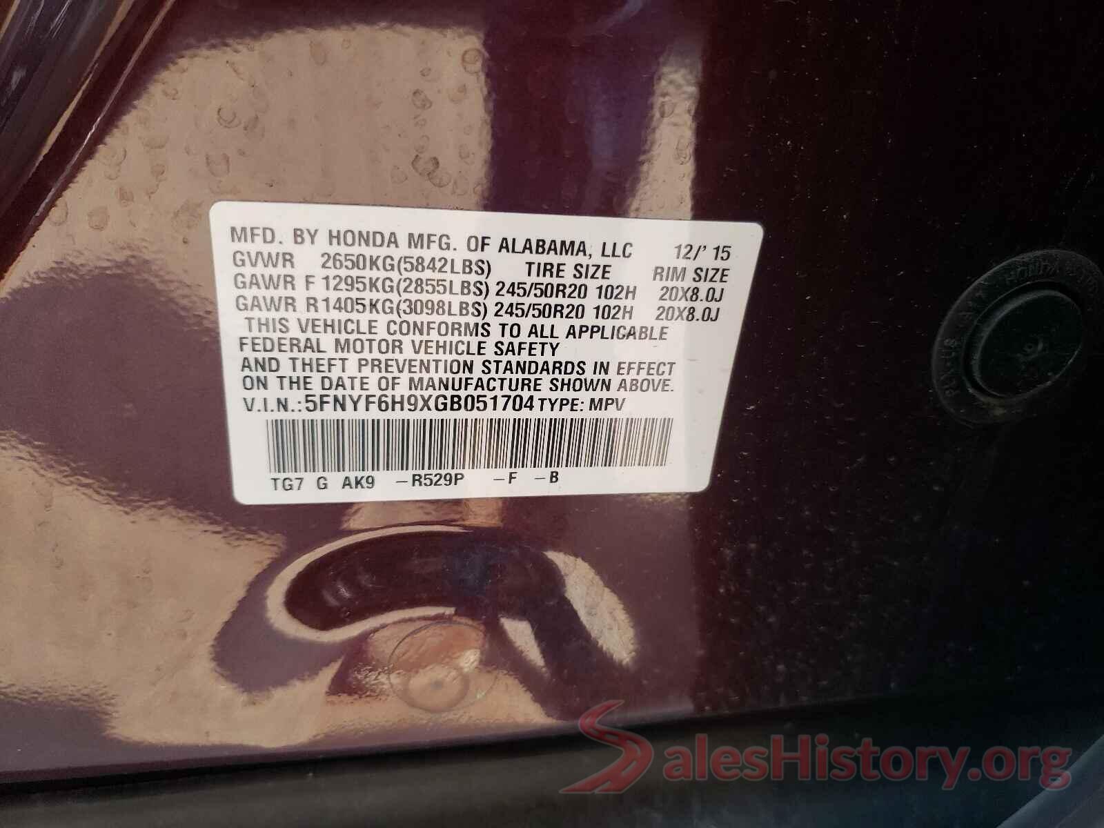 5FNYF6H9XGB051704 2016 HONDA PILOT