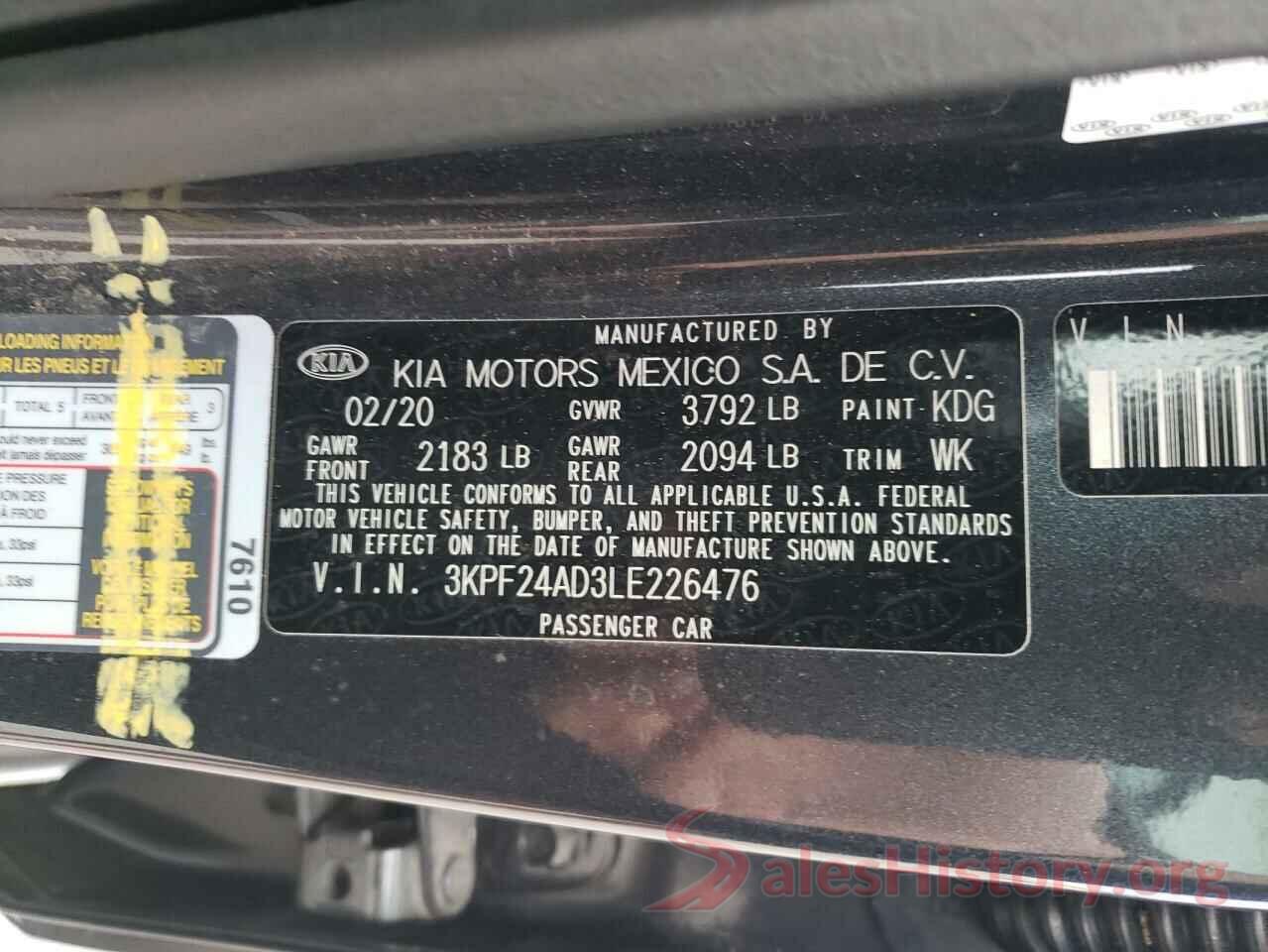 3KPF24AD3LE226476 2020 KIA FORTE