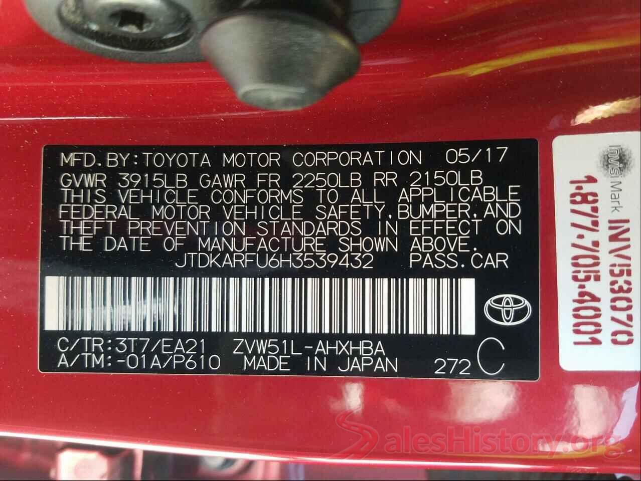 JTDKARFU6H3539432 2017 TOYOTA PRIUS