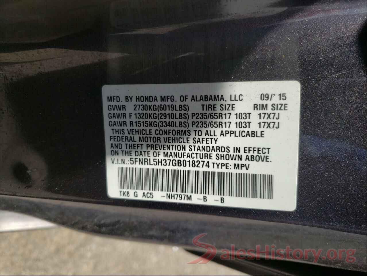 5FNRL5H37GB018274 2016 HONDA ODYSSEY