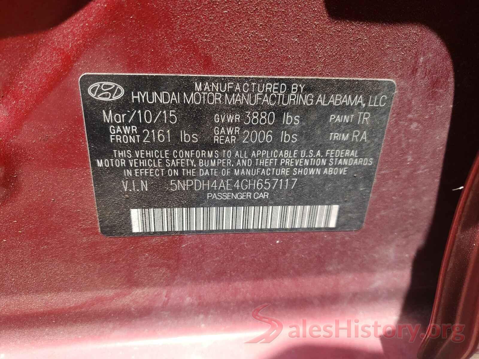 5NPDH4AE4GH657117 2016 HYUNDAI ELANTRA