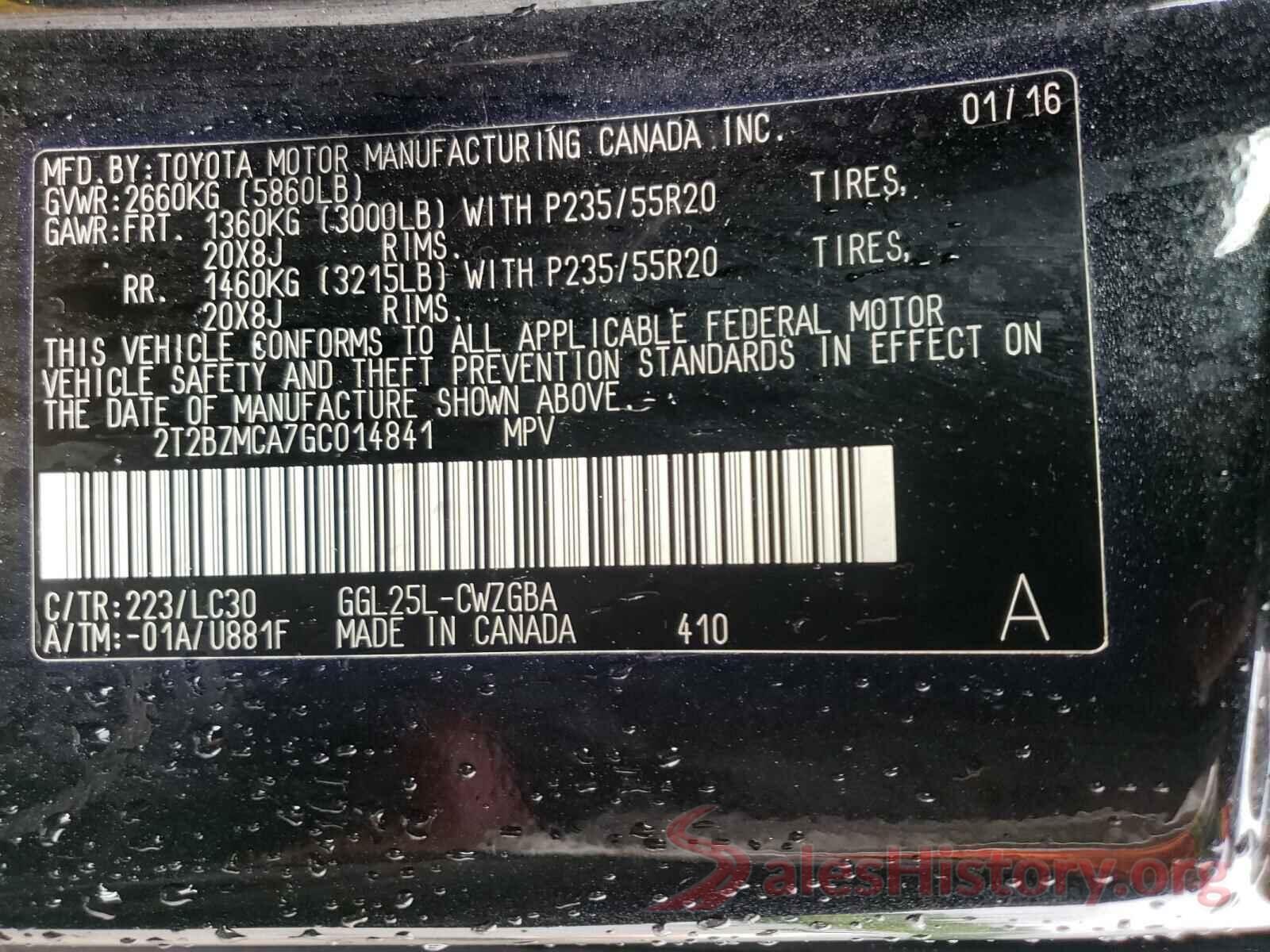 2T2BZMCA7GC014841 2016 LEXUS RX350