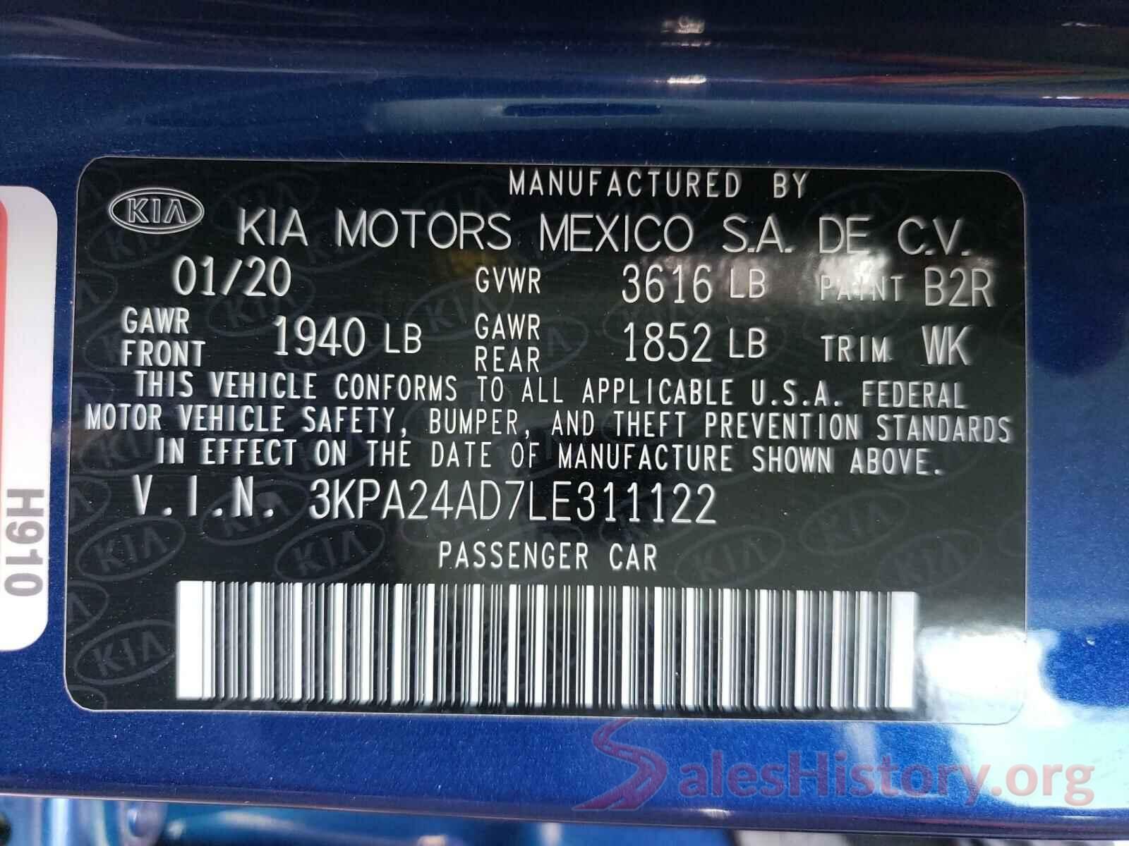 3KPA24AD7LE311122 2020 KIA RIO