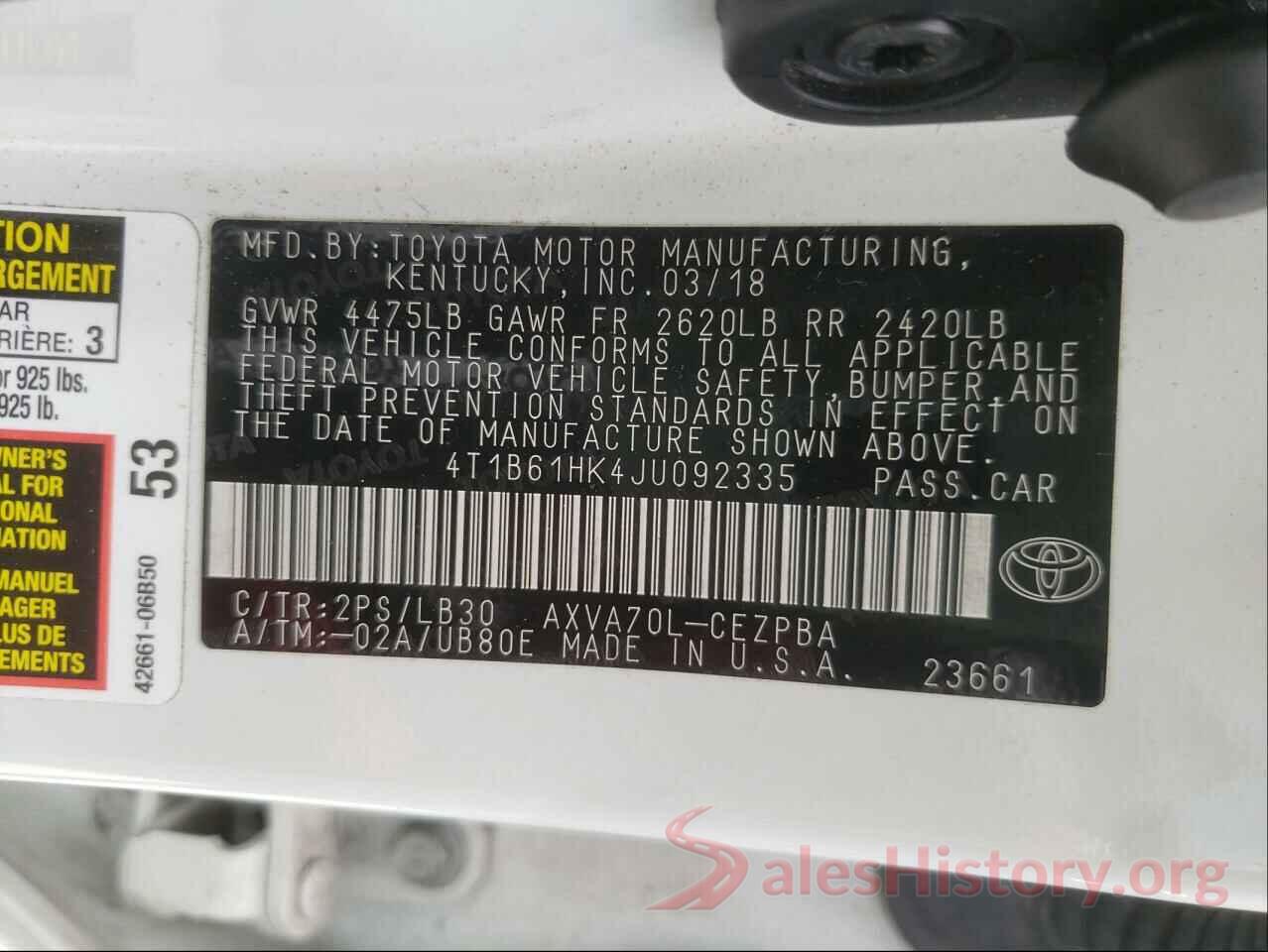 4T1B61HK4JU092335 2018 TOYOTA CAMRY