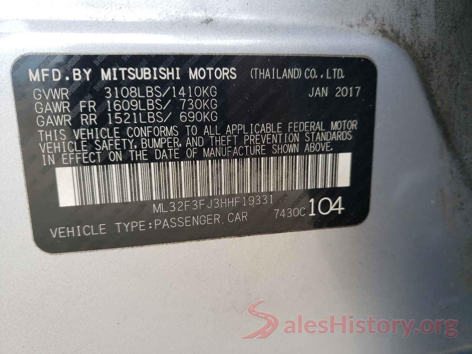 ML32F3FJ3HHF19331 2017 MITSUBISHI MIRAGE