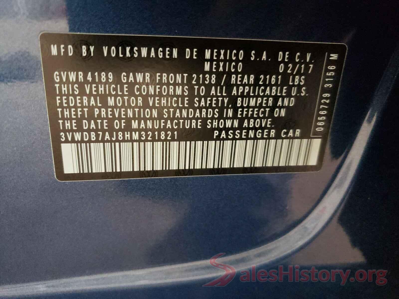 3VWDB7AJ8HM321821 2017 VOLKSWAGEN JETTA