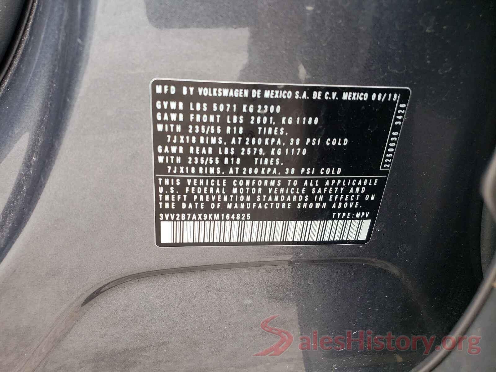 3VV2B7AX9KM164825 2019 VOLKSWAGEN TIGUAN