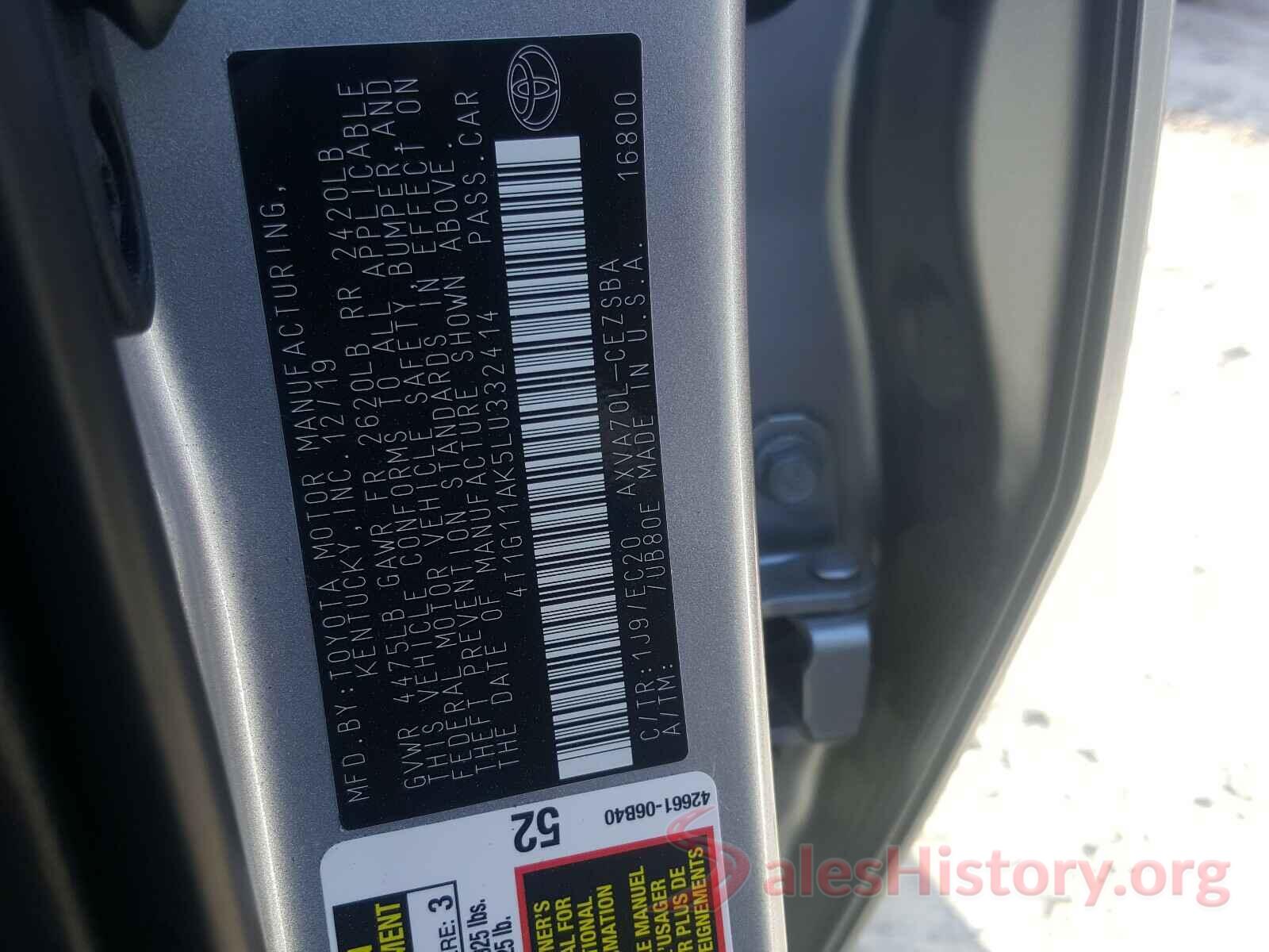 4T1G11AK5LU332414 2020 TOYOTA CAMRY