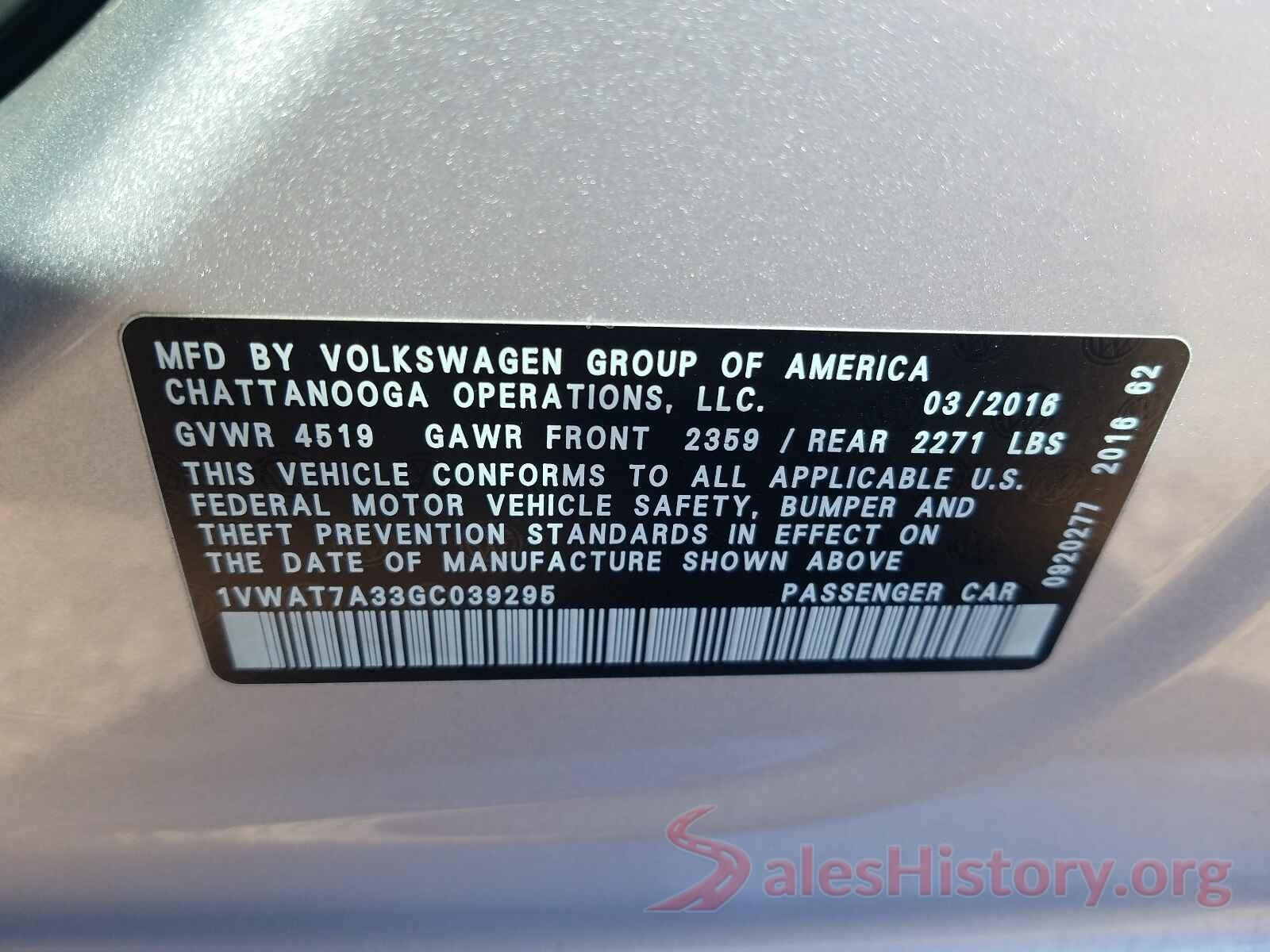 1VWAT7A33GC039295 2016 VOLKSWAGEN PASSAT