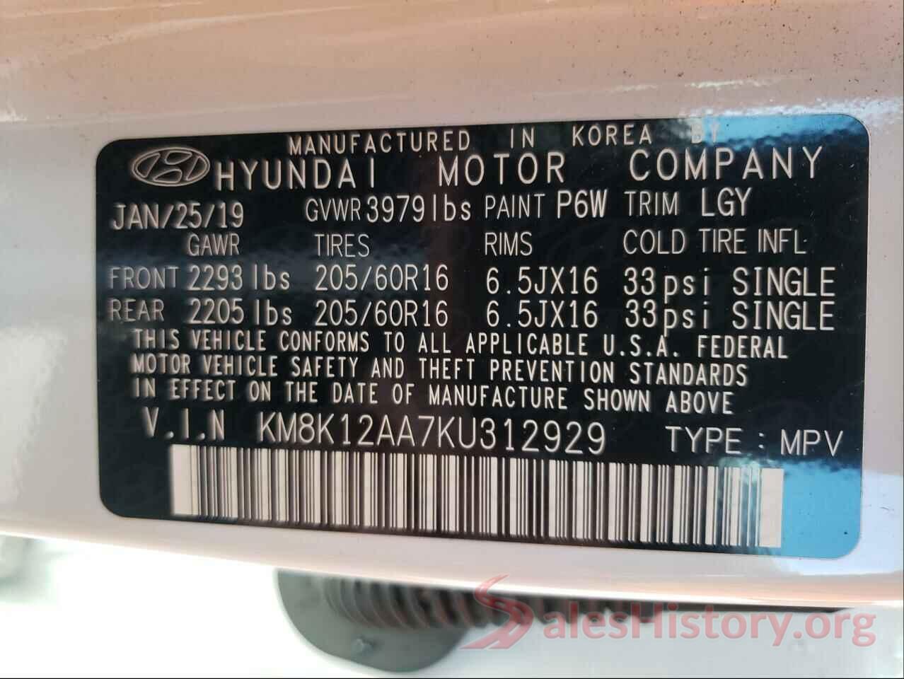 KM8K12AA7KU312929 2019 HYUNDAI KONA