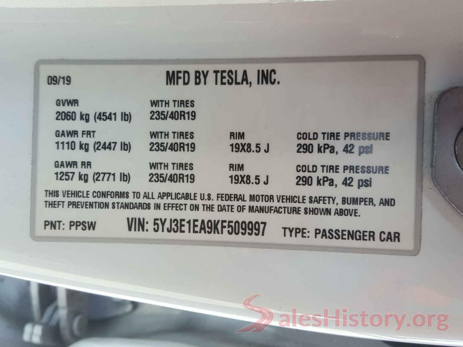 5YJ3E1EA9KF509997 2019 TESLA MODEL 3