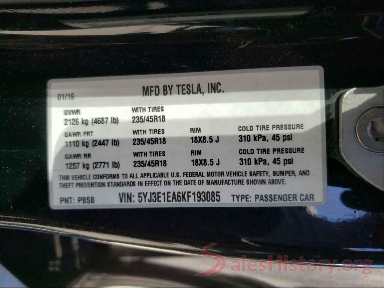 5YJ3E1EA6KF193085 2019 TESLA MODEL 3