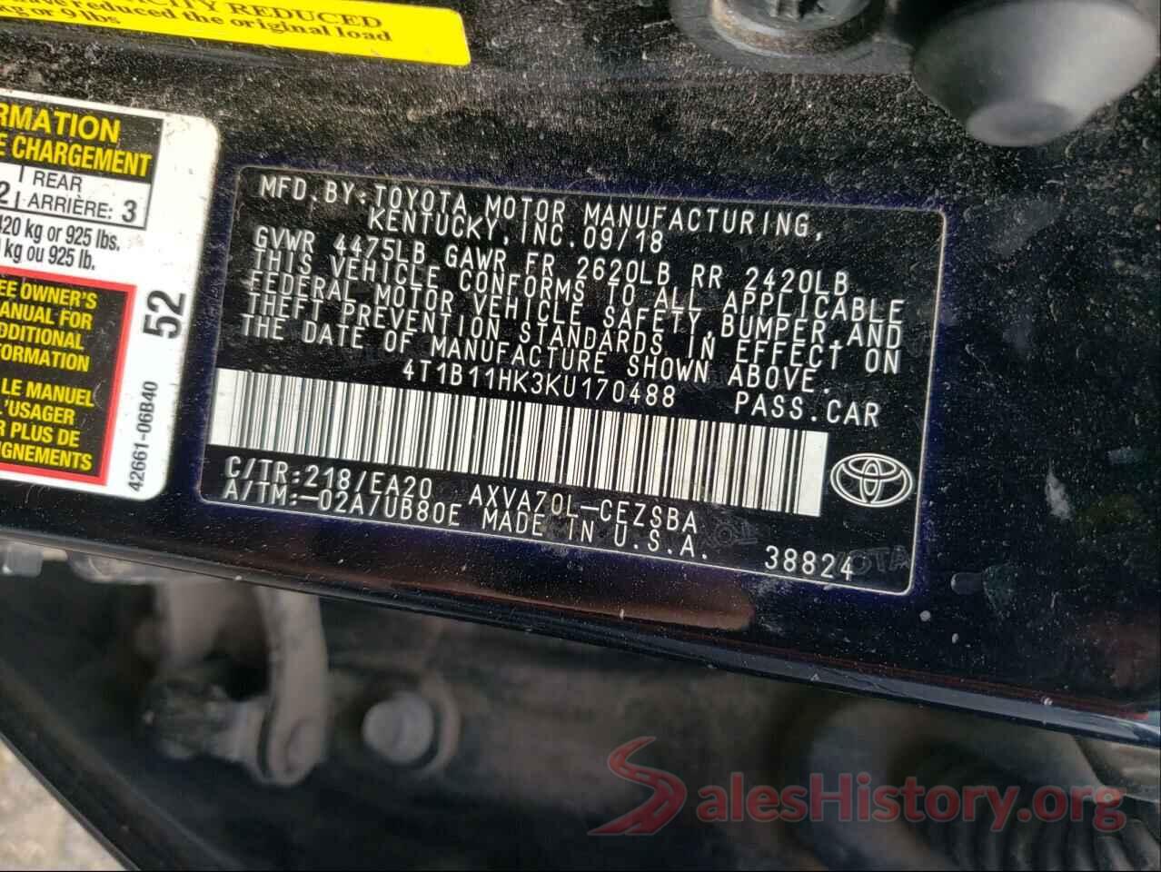 4T1B11HK3KU170488 2019 TOYOTA CAMRY