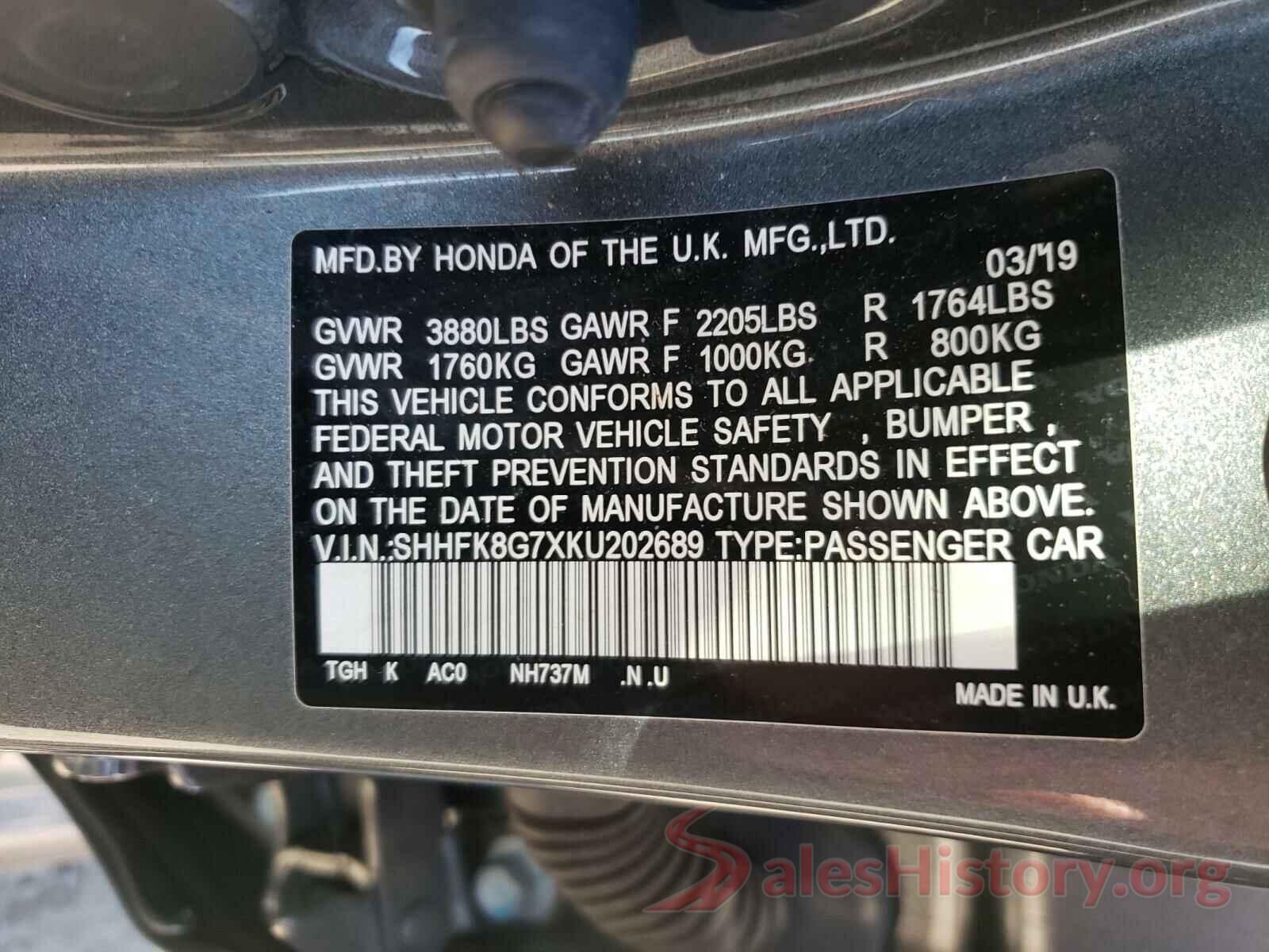 SHHFK8G7XKU202689 2019 HONDA CIVIC